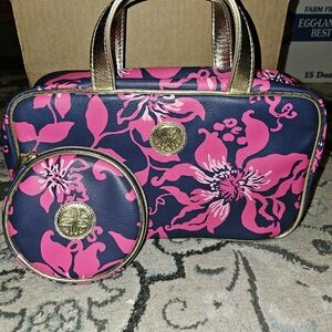 Lilly Pulitzer Makeup Case Set , Travel Mirror NEW Pink/Blue Passion